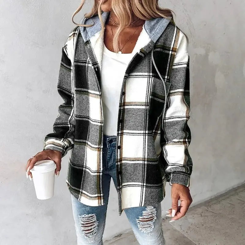 Black and white plaid hooded shacket with gray drawstring hood