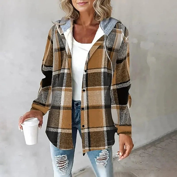 Brown plaid hooded button-up shirt jacket with contrast hood