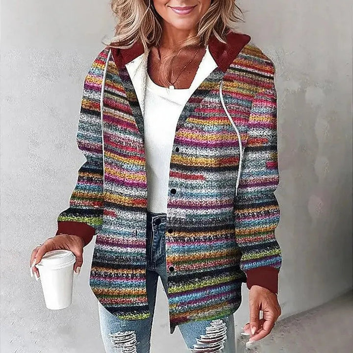 Multicolor striped hooded cardigan jacket with maroon trim