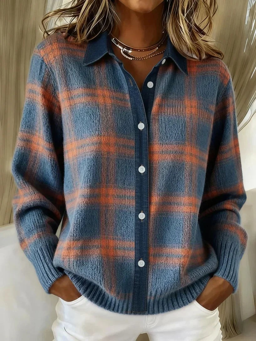 Blue and orange checked knit shacket with button-through collared front