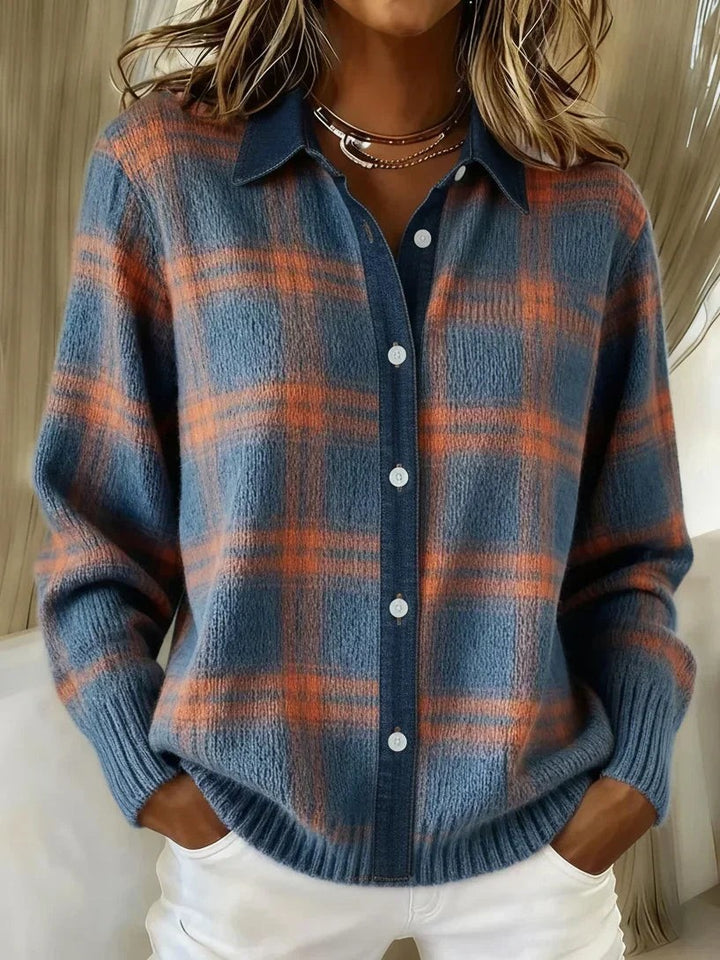 Blue and orange checked knit shacket with button-through collared front