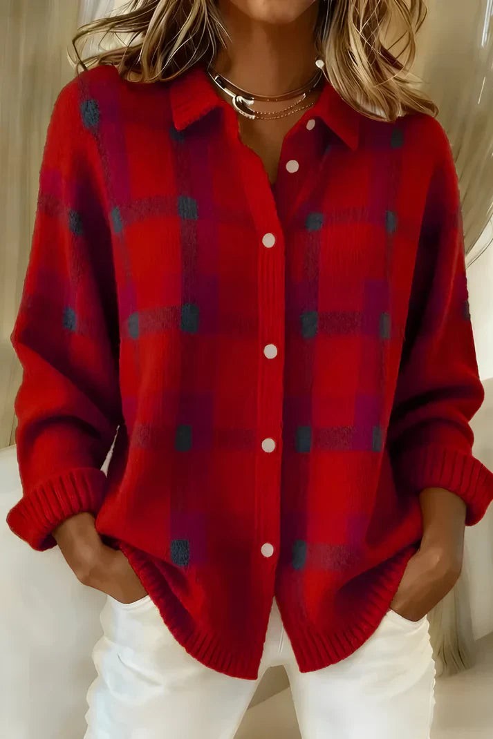 Red plaid knit cardigan with contrast dotted pattern and button fastening