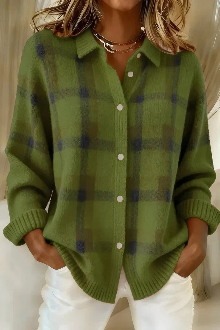 Olive green checked knit shacket with ribbed cuffs and collar