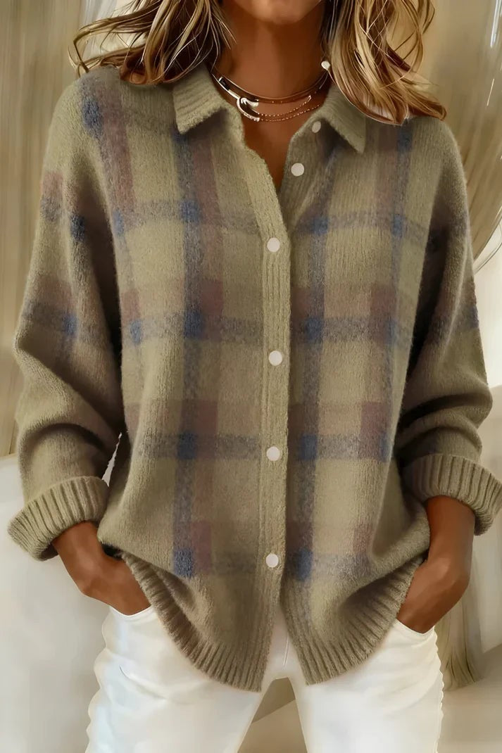 Khaki plaid knit cardigan with soft pastel checked pattern