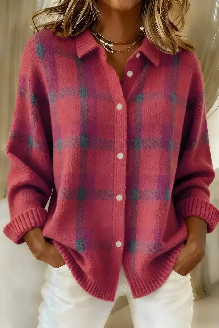 Pink and purple plaid knit shacket with ribbed cuffs and buttons