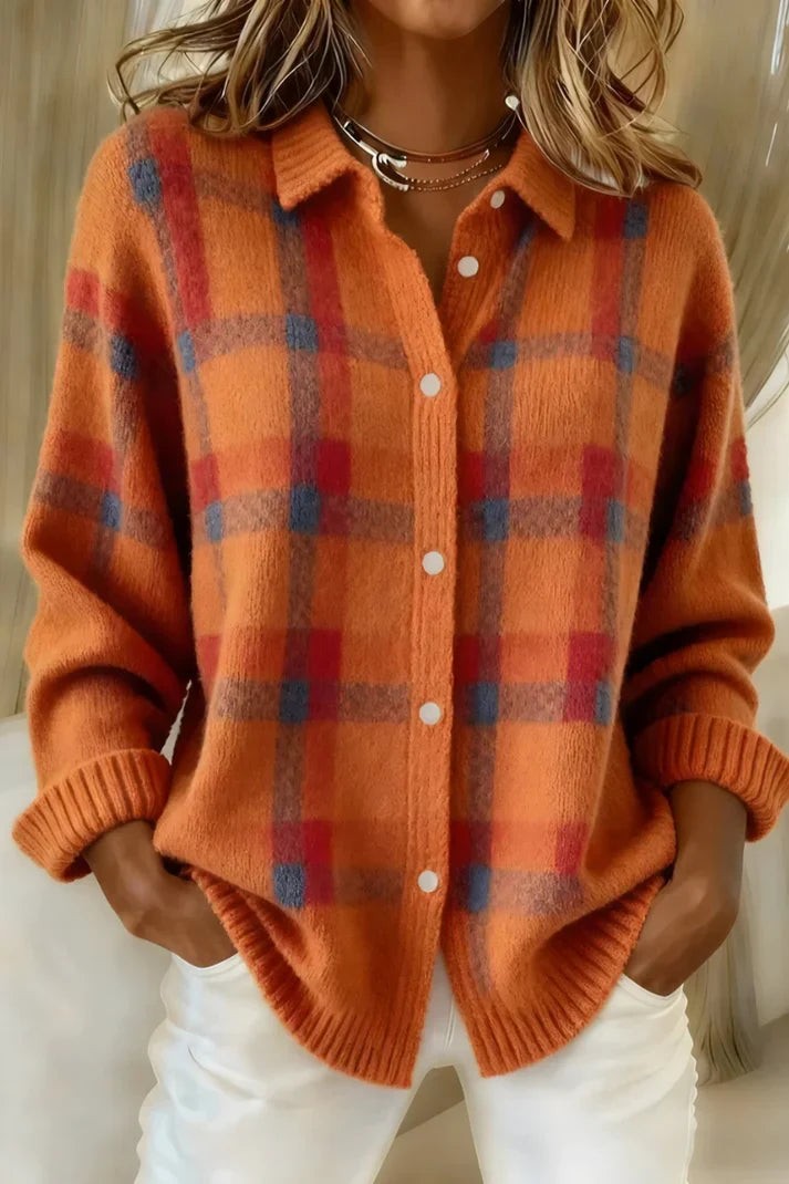 Orange multicolour checked knit cardigan with collared button front