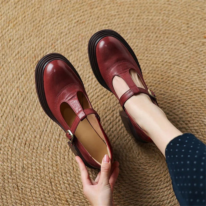 burgundy leather T-strap Mary Jane pumps with chunky platform block heel