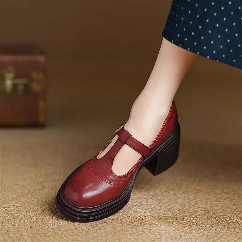 side view of red leather Mary Jane pumps with buckle strap and thick heel