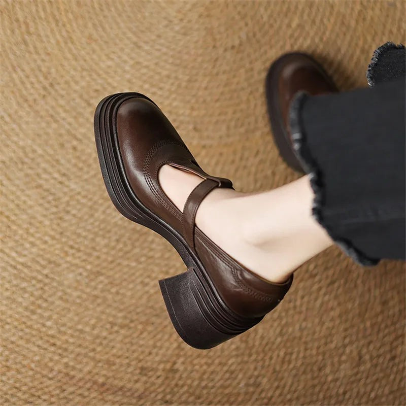 brown leather Mary Jane pumps with T-strap and stacked block heel
