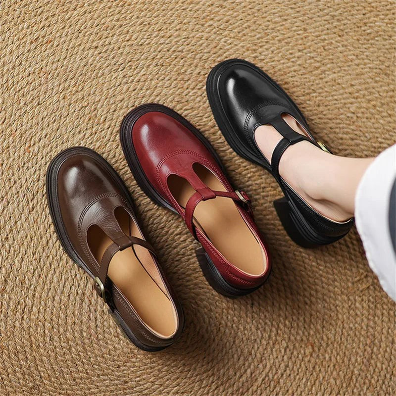 burgundy, black, and brown Mary Jane pumps lined up showing chunky heels