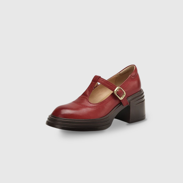 red leather Mary Jane pump with gold buckle and platform block heel