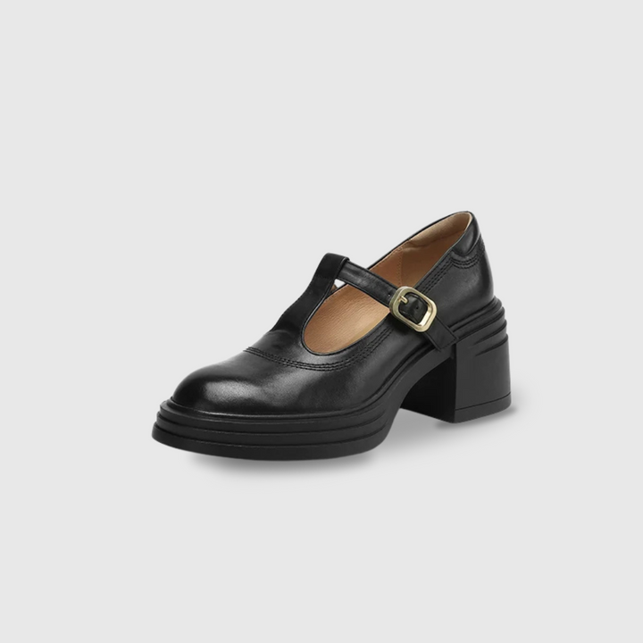 black leather Mary Jane pump featuring T-strap buckle and thick block heel