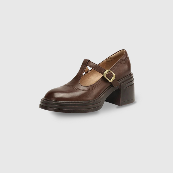 dark brown leather Mary Jane pump with T-strap buckle and platform sole
