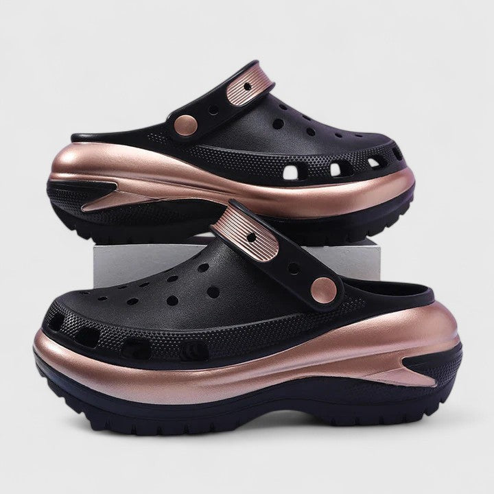 Black chunky clogs featuring rose gold metallic strap and heel counter