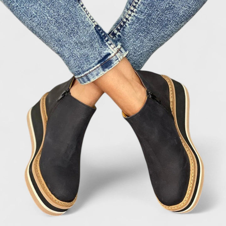 camel wedge booties crisscrossed showing platform sole detail