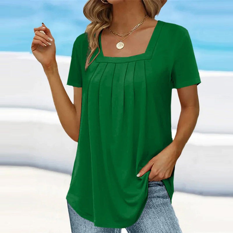 Green square-neck blouse with front pleats and short sleeves