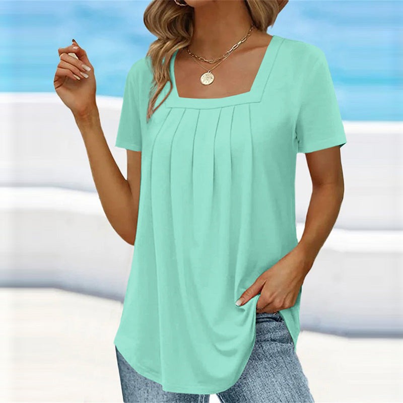 Mint green square-neck tunic top with pleated front detail