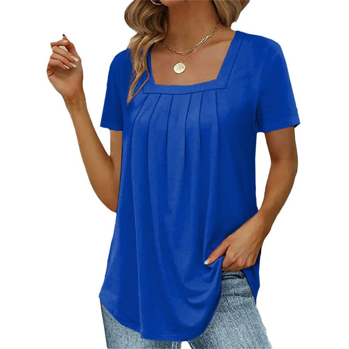 Royal blue pleated blouse with square neckline and short sleeves