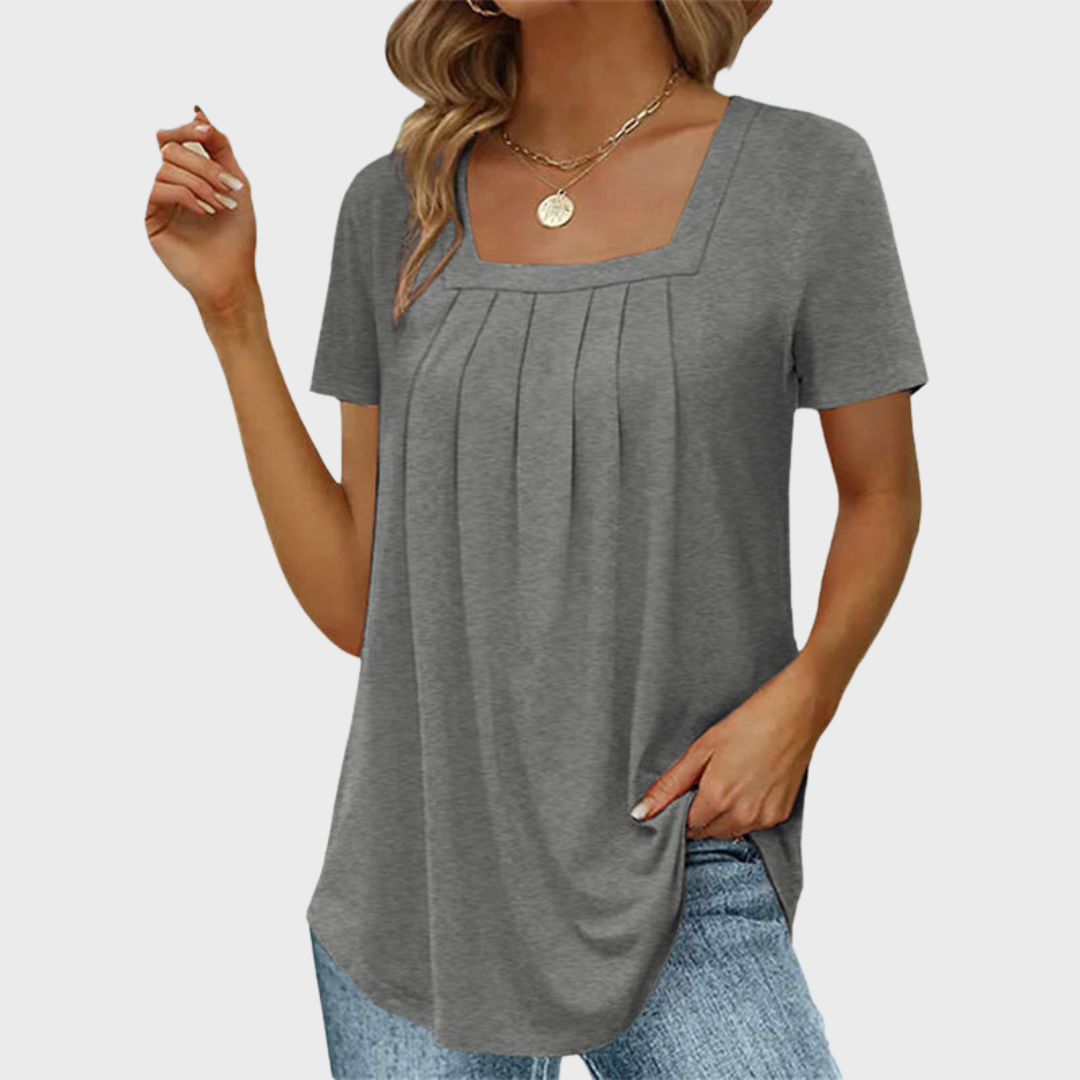Heather gray square-neck tunic with pleated detail and short sleeves