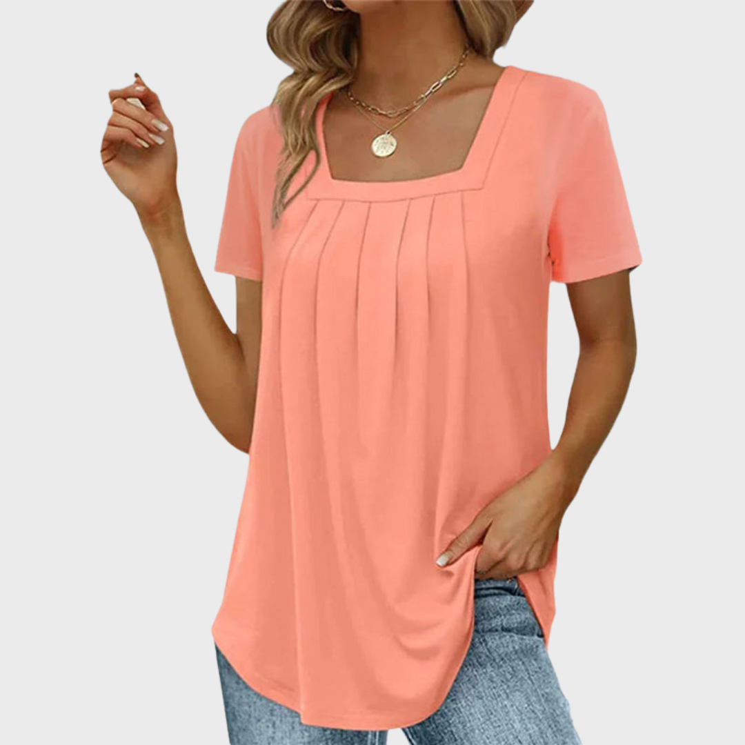 Coral square-neck top featuring front pleats and relaxed fit