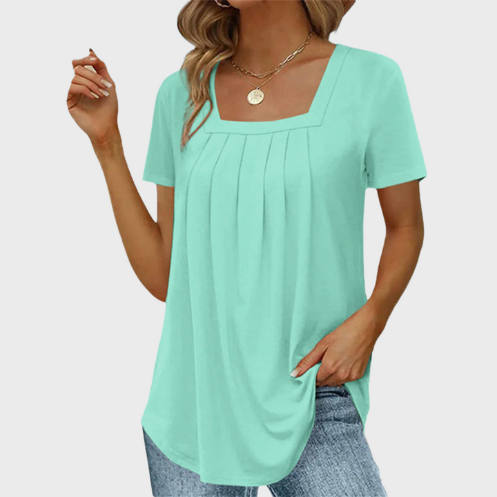 Mint green pleated-front blouse with square neckline and short sleeves