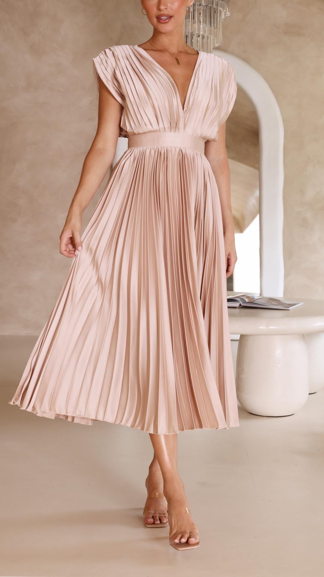 Blush pink pleated satin midi dress with cap sleeves and cinched waistband