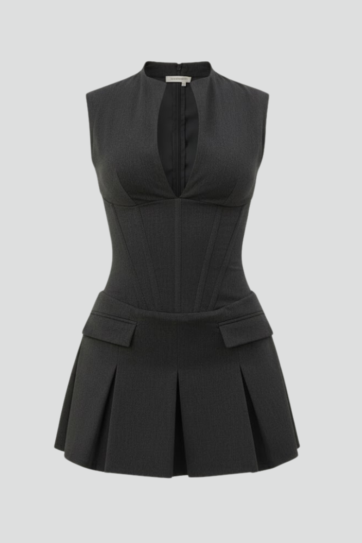 charcoal gray corset mini dress with plunge neckline and pleated skirt