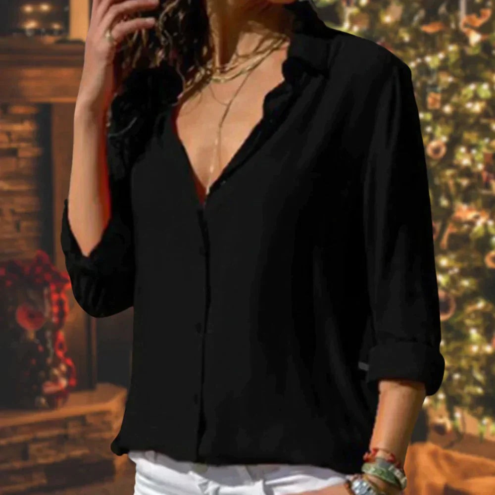 Black satin button-down blouse with deep V-neck and long sleeves