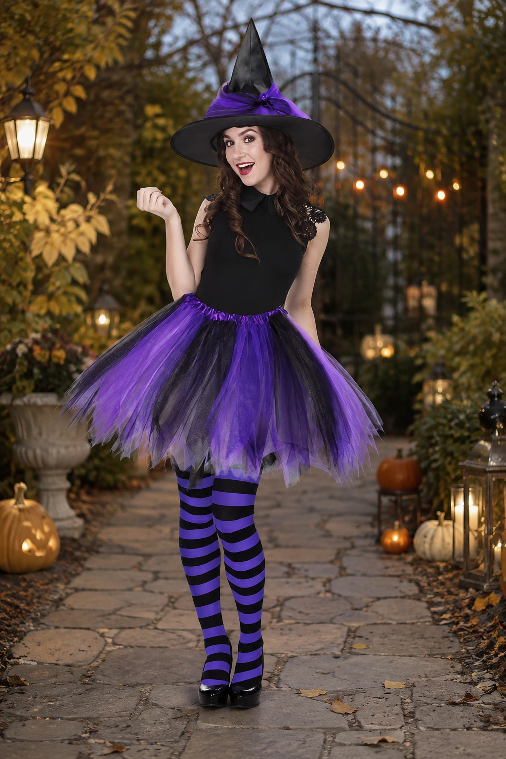 woman wearing purple witch costume with tulle skirt and striped tights