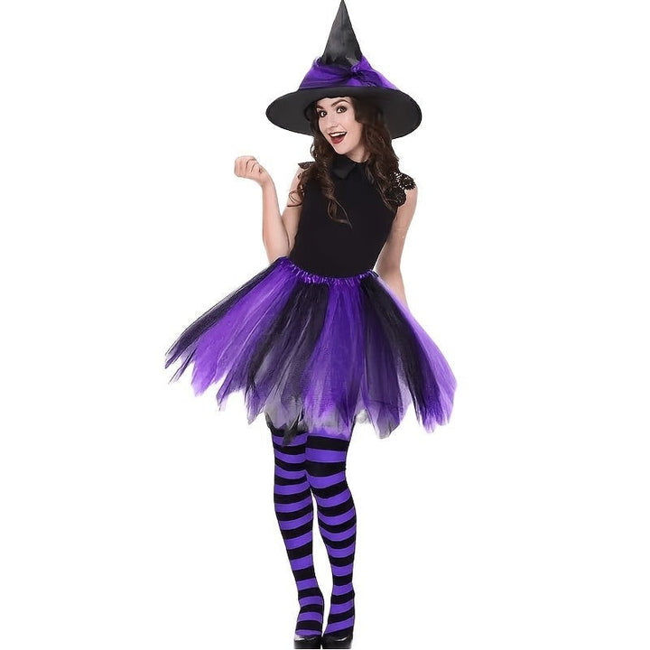 purple witch costume with pointed hat, tulle skirt, and striped tights on model