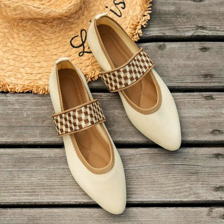 Cream knit Mary Jane flats with checkered brown strap and pointed toe