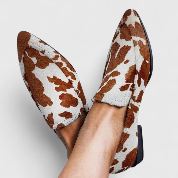 Cow-print calf hair pointed-toe loafers with stacked block heel