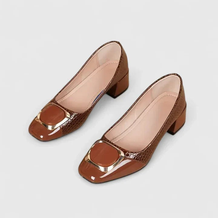 Pair of brown croc-embossed block heel loafers with gold buckle detail