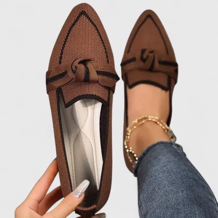 Brown knit pointed-toe flats with contrast trim and knotted vamp