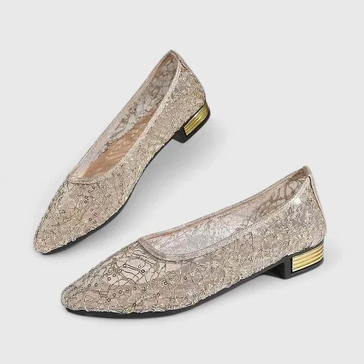 Gold lace mesh pointed-toe ballet flats with sequin detail and block heel