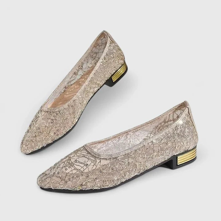 gold lace mesh flats with pointed toe and metallic block heel