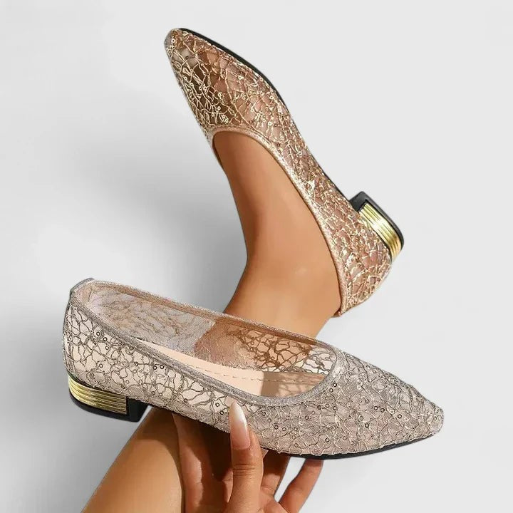 Gold lace pointed-toe flats featuring sheer mesh and low block heel