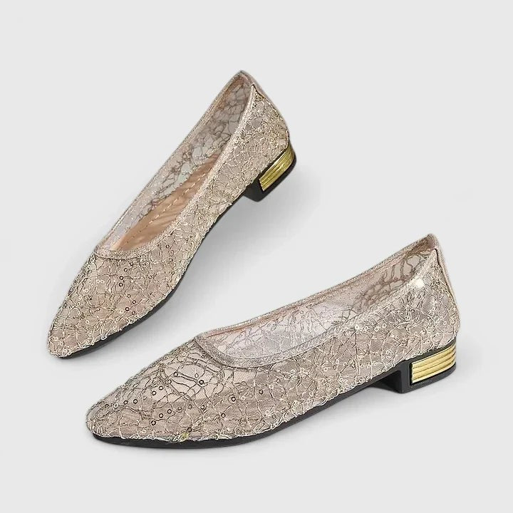Pair of gold lace flats showing sequined mesh and low block heel