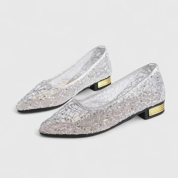 Pair of silver lace flats with pointed toe and gold-accented block heel