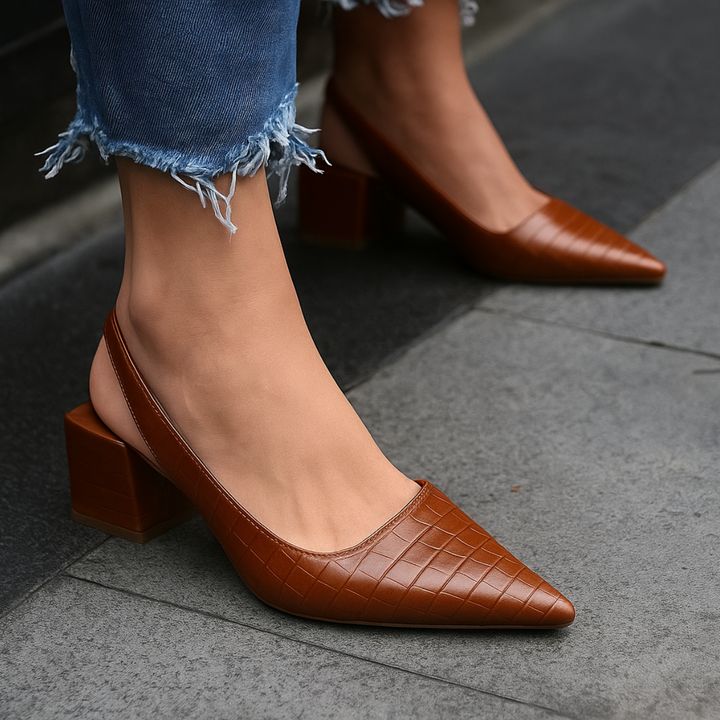 brown croc-embossed slingback pumps with block heel and pointed toe