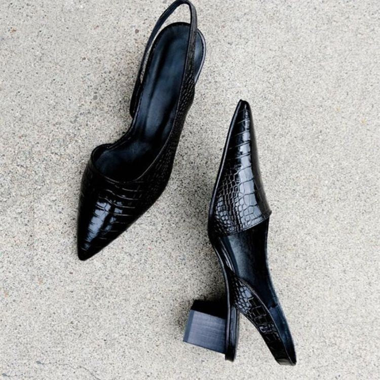 black croc-embossed slingback pumps with pointed toe, top view pair