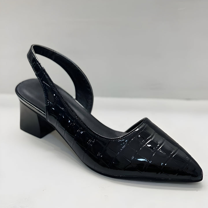 black patent croc-embossed slingback heel with block heel, side angle