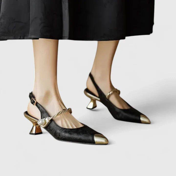 Black jacquard slingback heels with sculpted kitten heel and gold toe cap