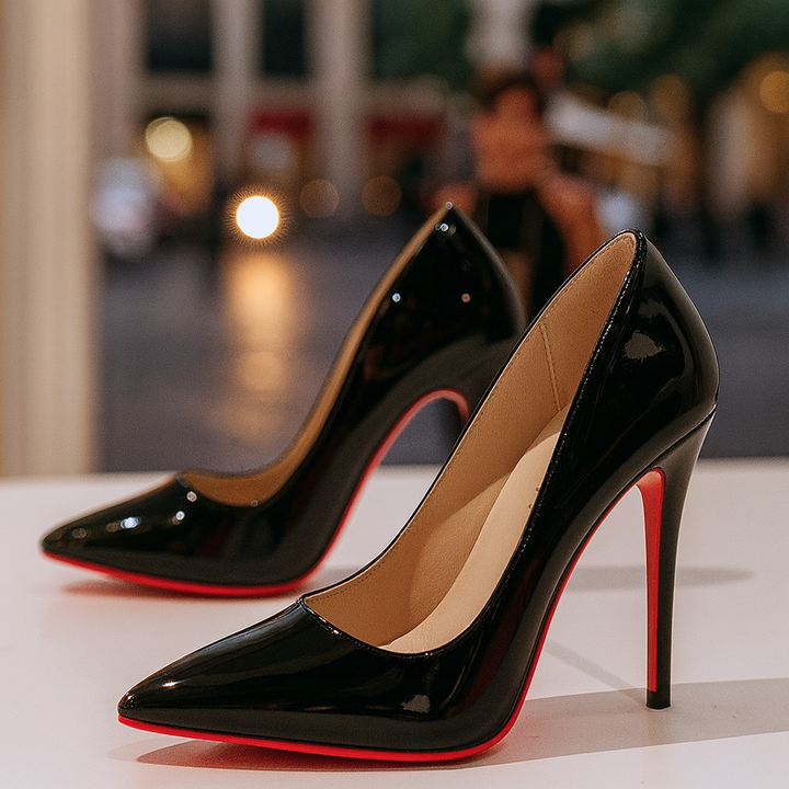 Black patent stiletto pumps with glossy red soles on display