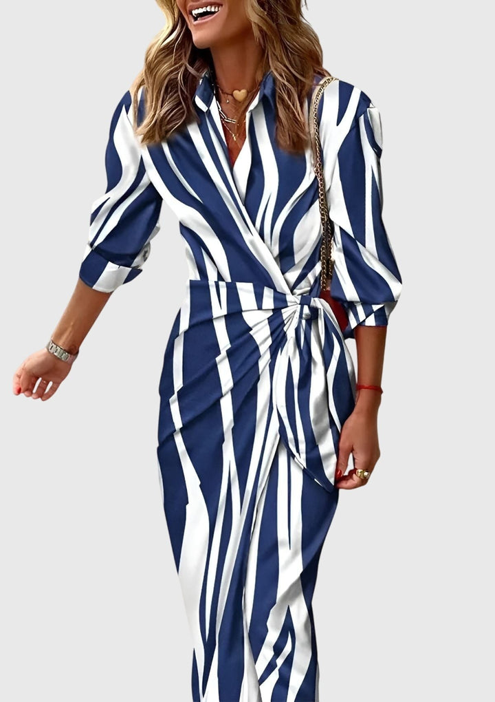 pink and lavender geometric print wrap dress with side tie and slit