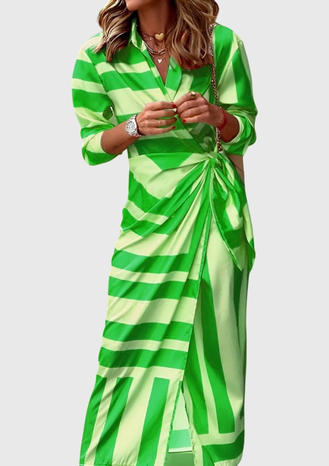 green and lime striped wrap dress with tie waist and V-neckline