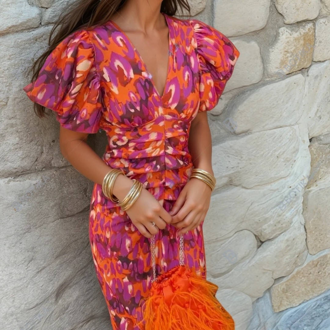Orange and purple abstract print midi dress with puff sleeves and V-neck