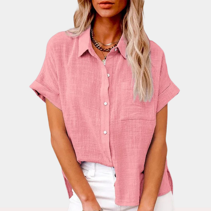 Pink linen-blend button-down shirt with front pocket and rolled sleeves