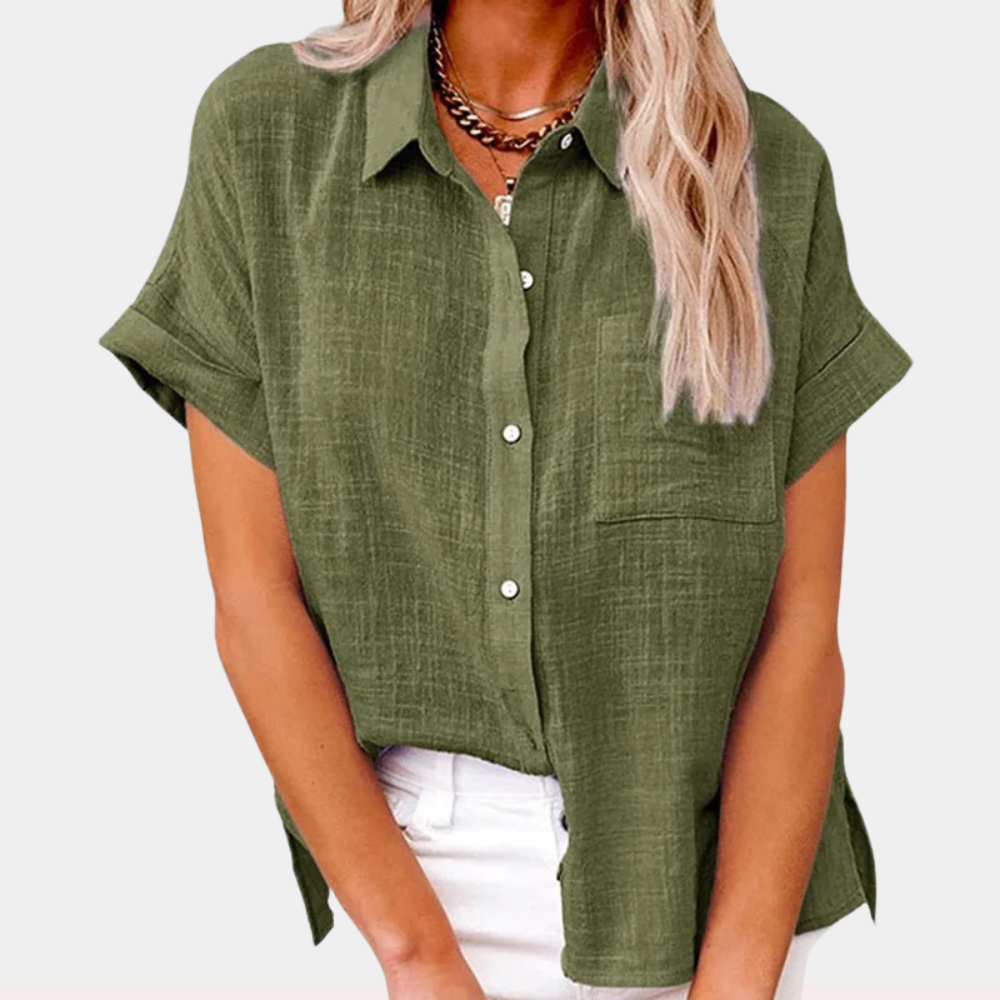 Olive green button-up blouse featuring front pocket and cuffed short sleeves