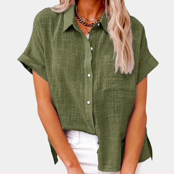 Olive green button-up blouse featuring front pocket and cuffed short sleeves